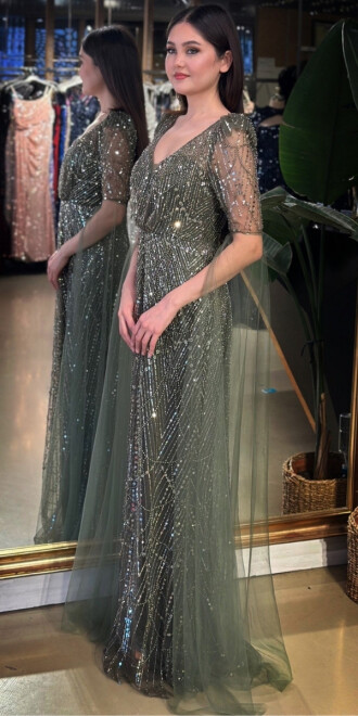 Koyu Olive V Yaka Kısa Kollu Pelerin Düz Kesim Pullu Boncuklu Uzun Abiye Elbise 7713 - 2