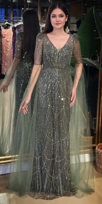 Koyu Olive V Yaka Kısa Kollu Pelerin Düz Kesim Pullu Boncuklu Uzun Abiye Elbise 7713 - abiyeniall