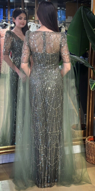 Koyu Olive V Yaka Kısa Kollu Pelerin Düz Kesim Pullu Boncuklu Uzun Abiye Elbise 7713 - 5