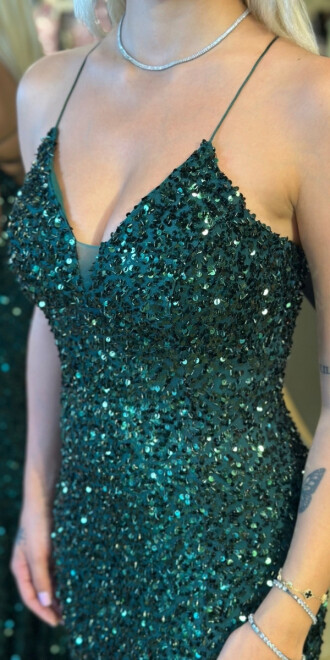 Koyu Yeşil İp Askılı V Yaka Sırt Dekolteli Balık Etekli Pul Payet Uzun Abiye Elbise 7714 - 3