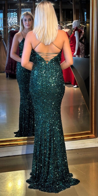 Koyu Yeşil İp Askılı V Yaka Sırt Dekolteli Balık Etekli Pul Payet Uzun Abiye Elbise 7714 - 4