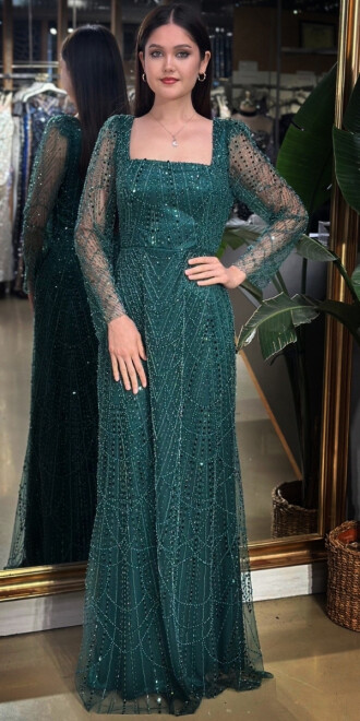 Koyu Yeşil Kare Yaka Uzun Kollu Kloş Etekli Pullu Boncuklu Uzun Abiye Elbise 11047-14 - abiyeniall