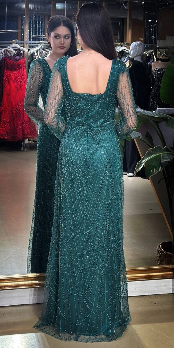 Koyu Yeşil Kare Yaka Uzun Kollu Kloş Etekli Pullu Boncuklu Uzun Abiye Elbise 11047-14 - 5