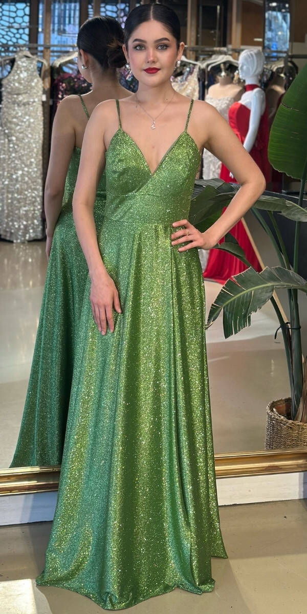 Koyu Yeşil Simli Uzun Abiye Elbise 6885 - 1