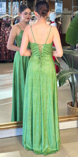 Koyu Yeşil Simli Uzun Abiye Elbise 6885 - 2