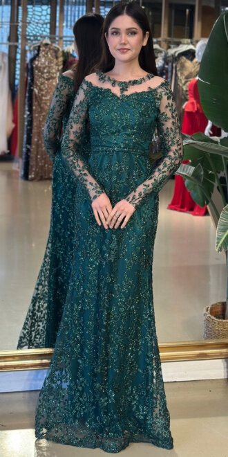 Koyu Yeşil Yuvarlak Yaka Uzun Kollu Düz Kesim Simli Uzun Abiye Elbise 11030-03 - abiyeniall