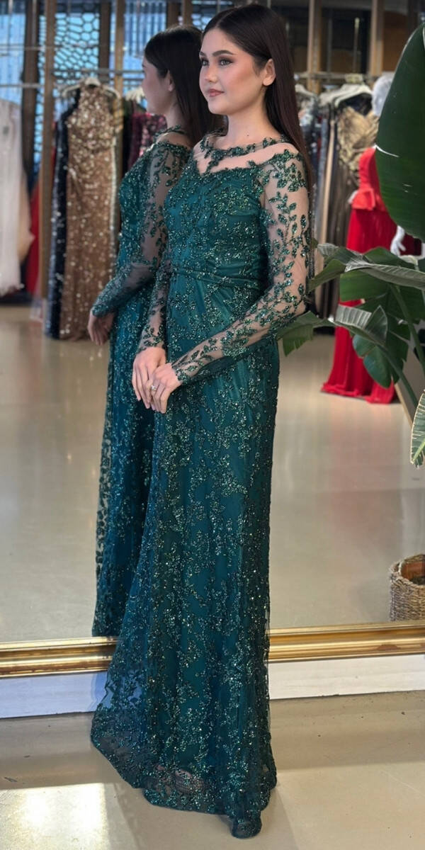 Koyu Yeşil Yuvarlak Yaka Uzun Kollu Düz Kesim Simli Uzun Abiye Elbise 11030-03 - 2