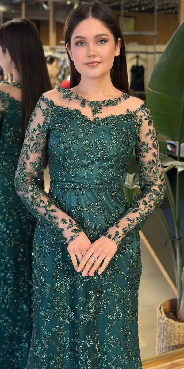 Koyu Yeşil Yuvarlak Yaka Uzun Kollu Düz Kesim Simli Uzun Abiye Elbise 11030-03 - 3