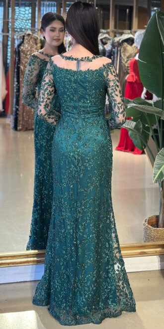 Koyu Yeşil Yuvarlak Yaka Uzun Kollu Düz Kesim Simli Uzun Abiye Elbise 11030-03 - 5