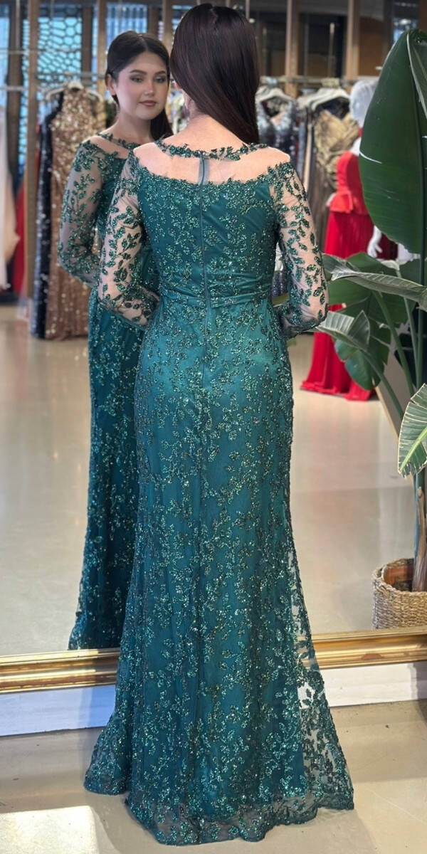 Koyu Yeşil Yuvarlak Yaka Uzun Kollu Düz Kesim Simli Uzun Abiye Elbise 11030-03 - 5