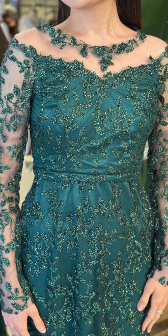 Koyu Yeşil Yuvarlak Yaka Uzun Kollu Düz Kesim Simli Uzun Abiye Elbise 11030-03 - 4