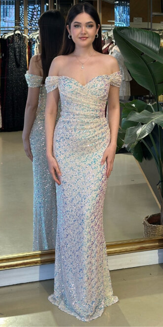 Krem Madonna Yaka Düz Kesim Likralı Payet Uzun Abiye Elbise 11085-12 - abiyeniall