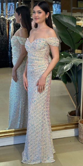 Krem Madonna Yaka Düz Kesim Likralı Payet Uzun Abiye Elbise 11085-12 - 2