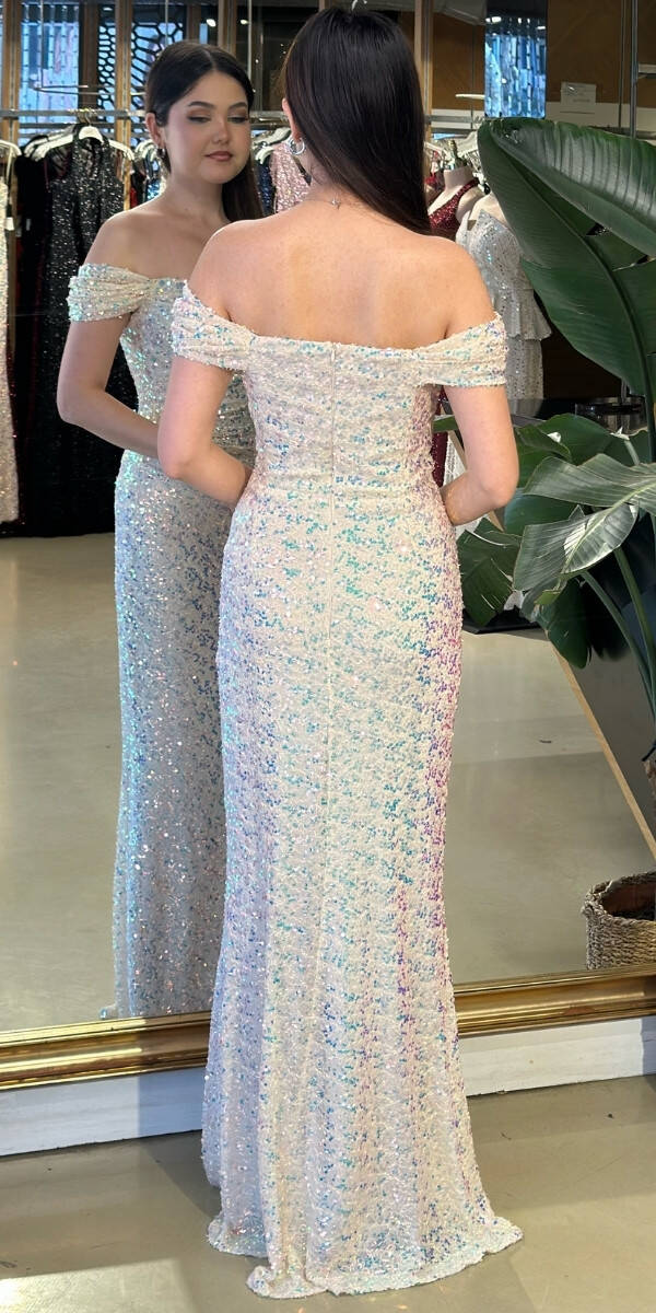 Krem Madonna Yaka Düz Kesim Likralı Payet Uzun Abiye Elbise 11085-12 - 5