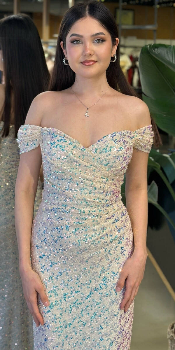 Krem Madonna Yaka Düz Kesim Likralı Payet Uzun Abiye Elbise 11085-12 - 3