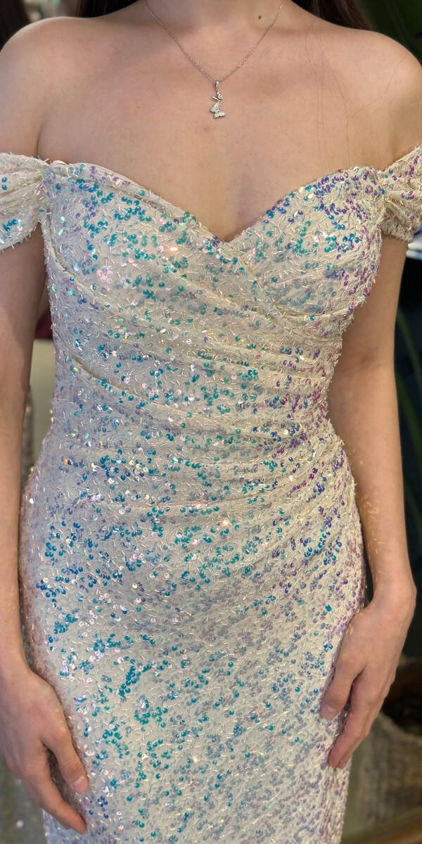 Krem Madonna Yaka Düz Kesim Likralı Payet Uzun Abiye Elbise 11085-12 - 4