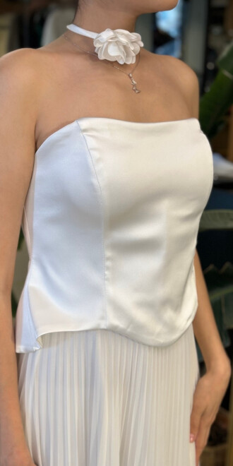 Krem Straplez Yaka Çiçek Detaylı Kloş Etekli Tül Uzun Abiye Elbise 11153-02 - 4