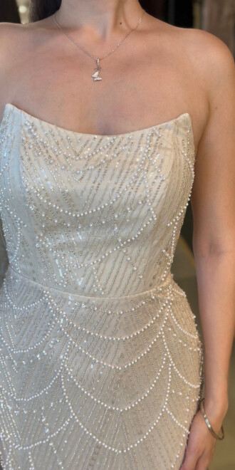 Krem Straplez Yaka Sırt Dekolteli Düz Kesim Pullu Boncuklu Uzun Abiye Elbise 7778 - 4