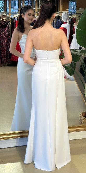 Krem Straplez Yaka Taş Detaylı Anvelop Yırtmaçlı Düz Kesim Krep Uzun Abiye Elbise 11109-03 - 5