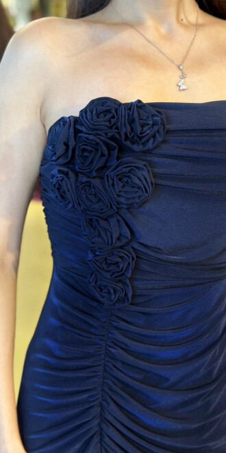 Lacivert Çiçek Detaylı Straplez Yaka Yırtmaçlı Düz Kesim Likralı Uzun Abiye Elbise 11096 - 4