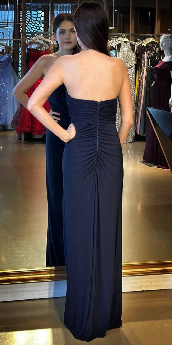 Lacivert Çiçek Detaylı Straplez Yaka Yırtmaçlı Düz Kesim Likralı Uzun Abiye Elbise 11096 - 5