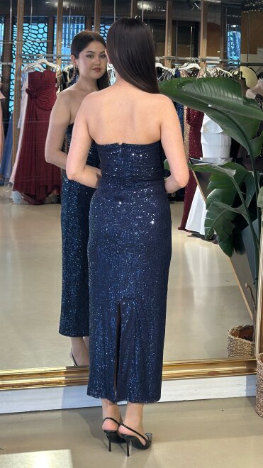 Lacivert Düz Kesim Payet Midi Abiye Elbise 7716 - 2