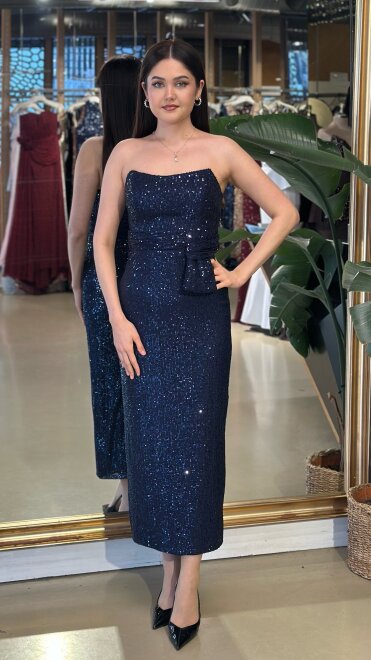 Lacivert Düz Kesim Payet Midi Abiye Elbise 7716 - abiyeniall