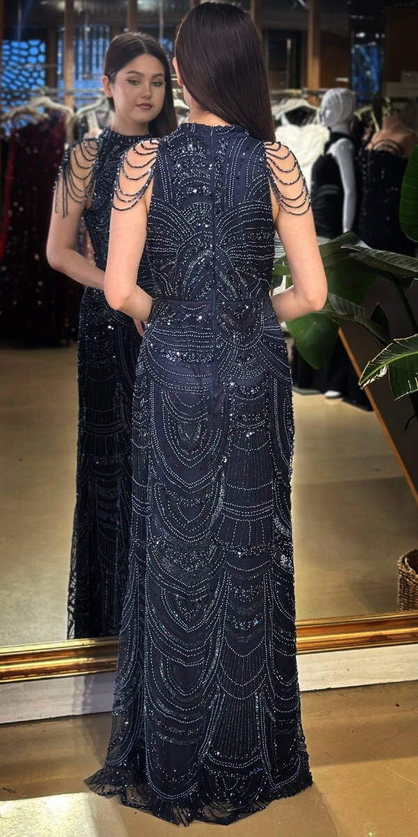 Lacivert Halter Yaka Boncuk İşlemeli Düz Kesim Pullu Boncuklu Uzun Abiye Elbise 11154-02 - 5