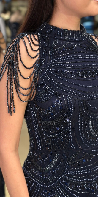 Lacivert Halter Yaka Boncuk İşlemeli Düz Kesim Pullu Boncuklu Uzun Abiye Elbise 11154-02 - 4