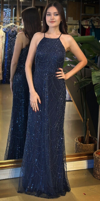 Lacivert Halter Yaka İp Askılı Düz Kesim Pullu Boncuklu Uzun Abiye Elbise 11103-02 - abiyeniall