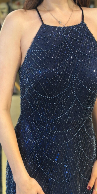 Lacivert Halter Yaka İp Askılı Düz Kesim Pullu Boncuklu Uzun Abiye Elbise 11103-02 - 4