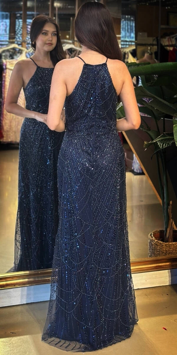 Lacivert Halter Yaka İp Askılı Düz Kesim Pullu Boncuklu Uzun Abiye Elbise 11103-02 - 5