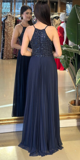 Lacivert Halter Yaka Kloş Etekli Şifon Uzun Abiye Elbise 11118-01 - 5