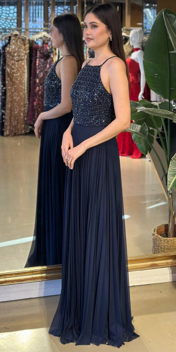 Lacivert Halter Yaka Kloş Etekli Şifon Uzun Abiye Elbise 11118-01 - 2