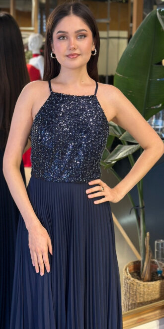 Lacivert Halter Yaka Kloş Etekli Şifon Uzun Abiye Elbise 11118-01 - 3