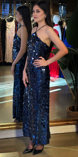 Lacivert Halter Yaka Sırt Dekolteli Yırtmaçlı Düz Kesim Payet Midi Abiye Elbise 11042-01 - 2