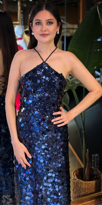 Lacivert Halter Yaka Sırt Dekolteli Yırtmaçlı Düz Kesim Payet Midi Abiye Elbise 11042-01 - 3