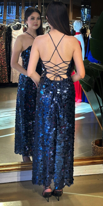 Lacivert Halter Yaka Sırt Dekolteli Yırtmaçlı Düz Kesim Payet Midi Abiye Elbise 11042-01 - 5