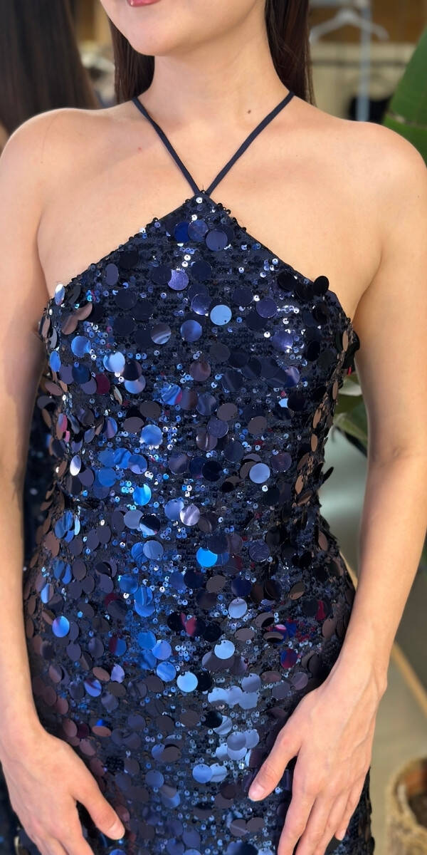 Lacivert Halter Yaka Sırt Dekolteli Yırtmaçlı Düz Kesim Payet Midi Abiye Elbise 11042-01 - 4