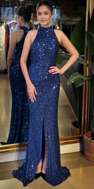 Lacivert Halter Yaka Yırtmaçlı Düz Kesim Likralı Payet Uzun Abiye Elbise 7781 - abiyeniall