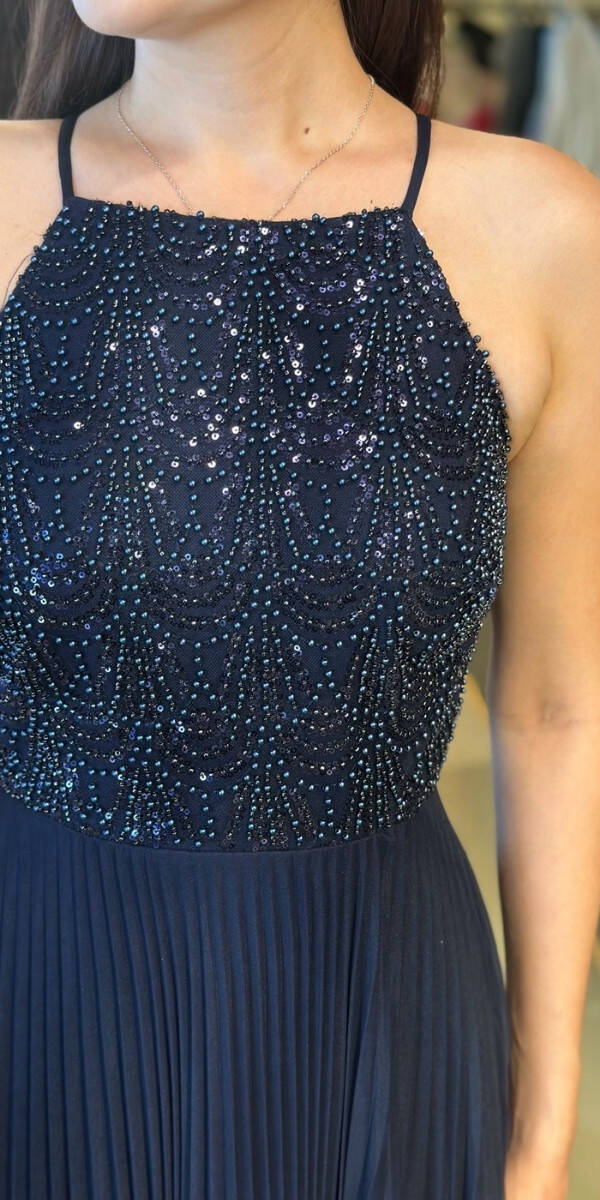 Lacivert İnce Askılı Sırt Dekolteli Kloş Etekli Tül Uzun Abiye Elbise 11049 - 4