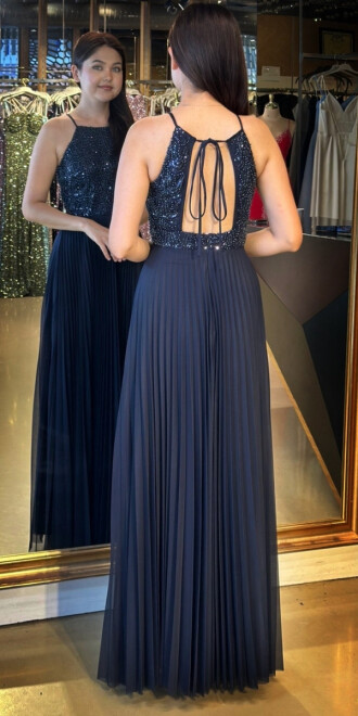 Lacivert İnce Askılı Sırt Dekolteli Kloş Etekli Tül Uzun Abiye Elbise 11049 - 5