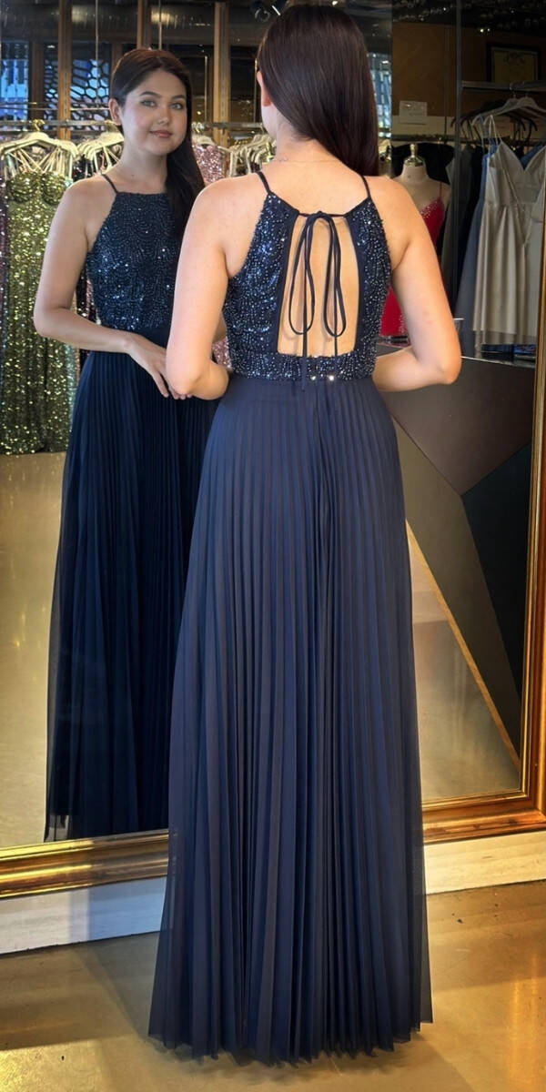 Lacivert İnce Askılı Sırt Dekolteli Kloş Etekli Tül Uzun Abiye Elbise 11049 - 5