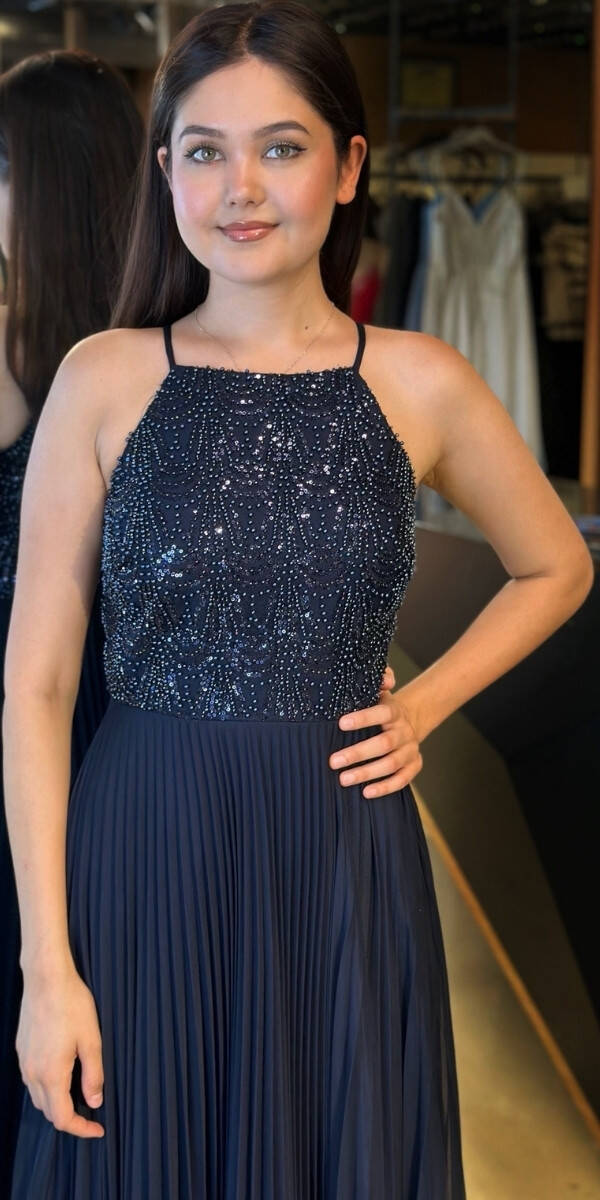 Lacivert İnce Askılı Sırt Dekolteli Kloş Etekli Tül Uzun Abiye Elbise 11049 - 3