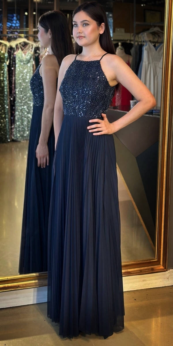 Lacivert İnce Askılı Sırt Dekolteli Kloş Etekli Tül Uzun Abiye Elbise 11049 - 2