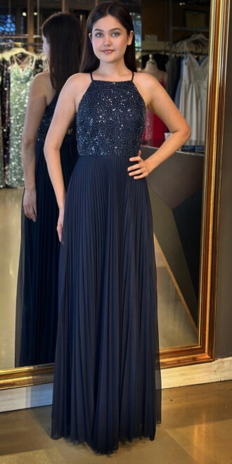 Lacivert İnce Askılı Sırt Dekolteli Kloş Etekli Tül Uzun Abiye Elbise 11049 