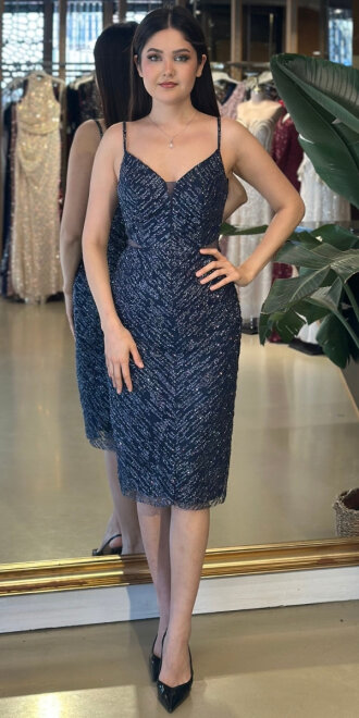 Lacivert İp Askılı Bel Dekolteli Düz Kesim Simli Midi Abiye Elbise 7129 - abiyeniall