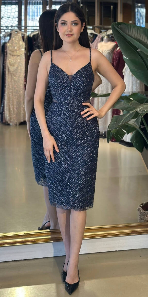 Lacivert İp Askılı Bel Dekolteli Düz Kesim Simli Midi Abiye Elbise 7129 - 1