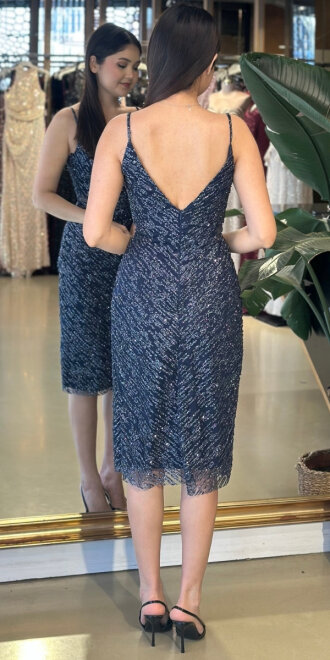 Lacivert İp Askılı Bel Dekolteli Düz Kesim Simli Midi Abiye Elbise 7129 - 2