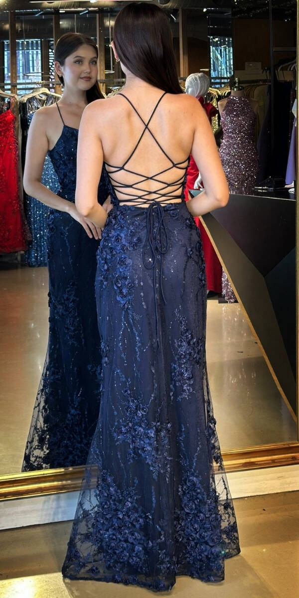 Lacivert İp Askılı Çiçek Detaylı Sırt Dekolteli Düz Kesim Tül Uzun Abiye Elbise 11060 - 5